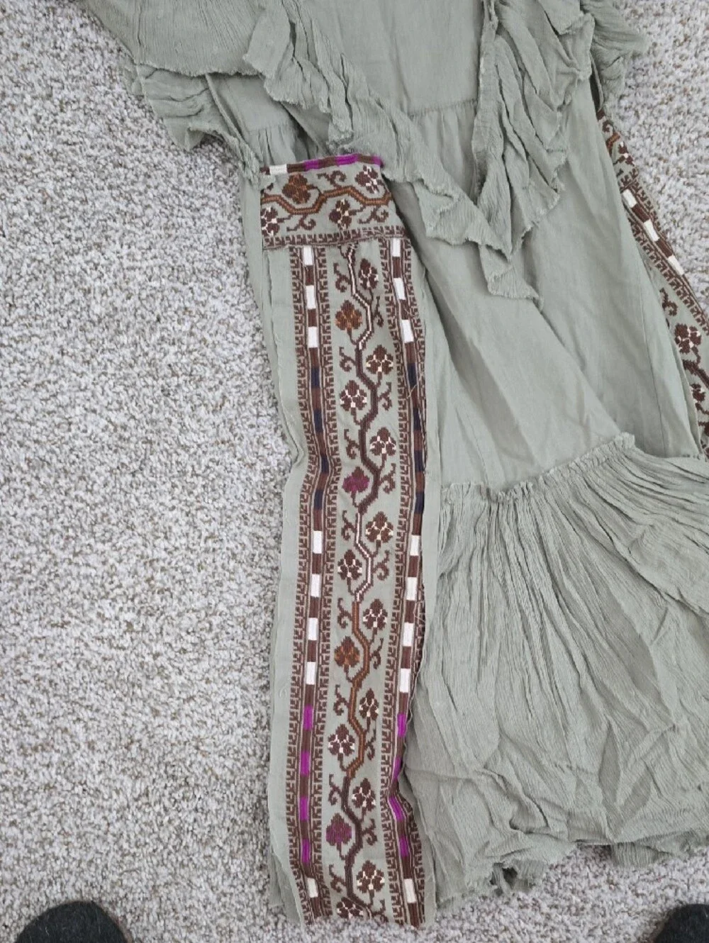 Free People Olive Green Embroidered Square-Yoke Midi Dress with Multicolor Trim